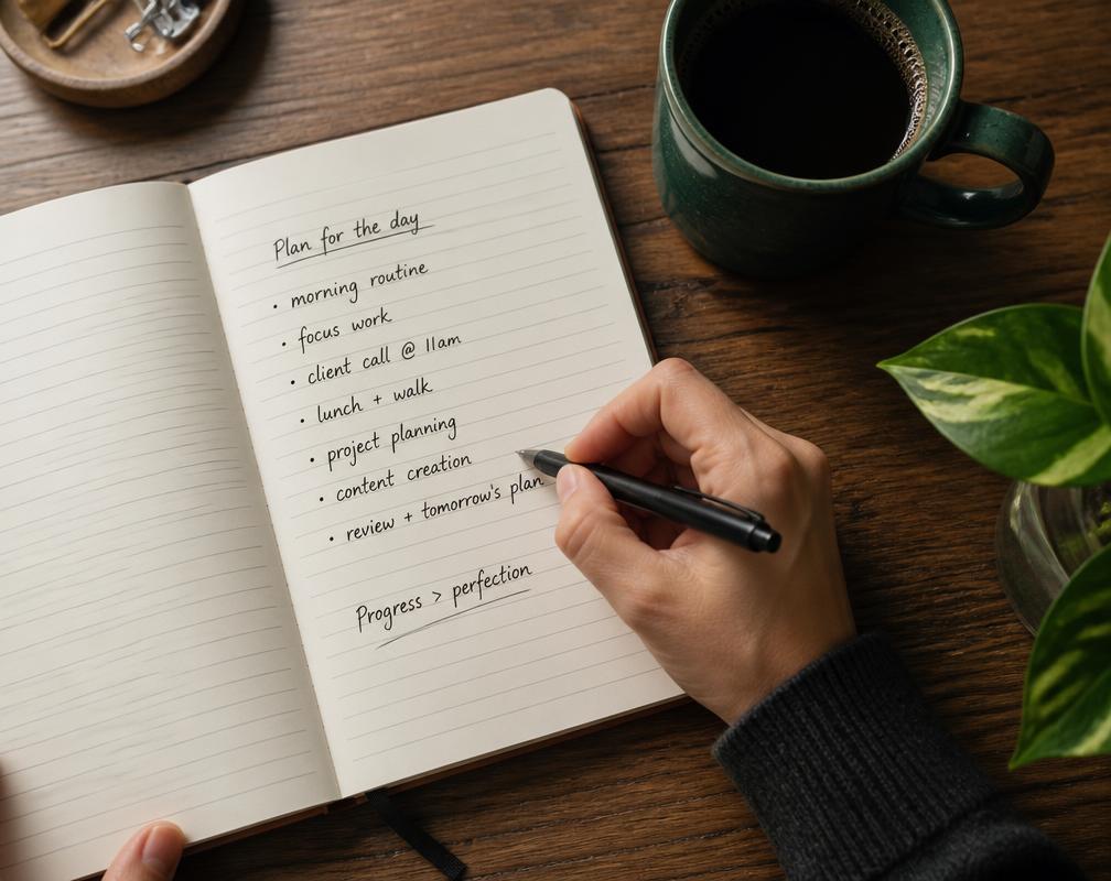 Hand schrijft in een notitieboek op een houten bureau